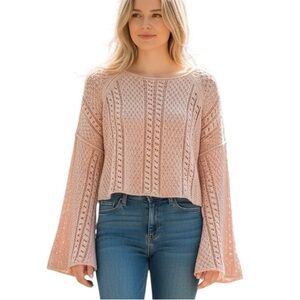 FREE PEOPLE Cream Peachy Pink Mineral Washed Knit Sweater Size XS E18